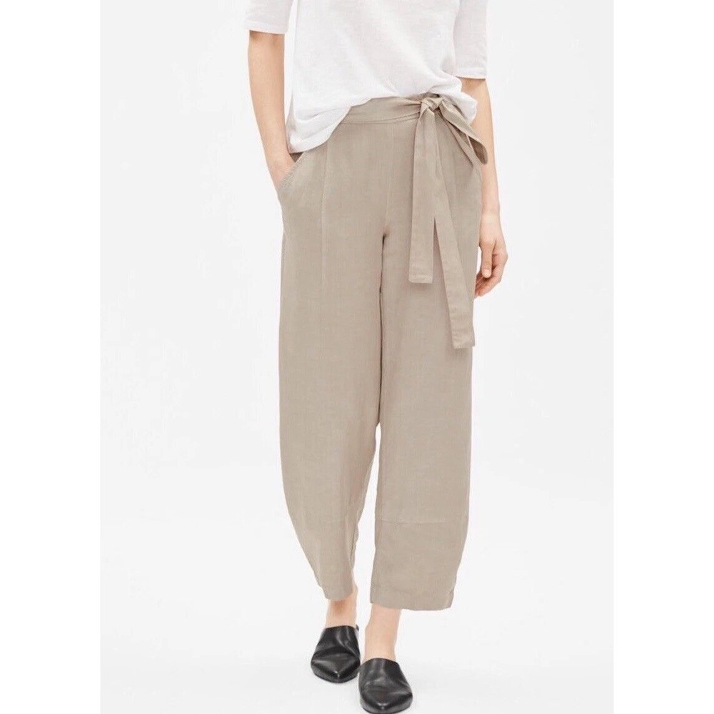Eileen Fisher Tencel Linen Paperbag Waist Cropped Wide Leg Pants Beige XS